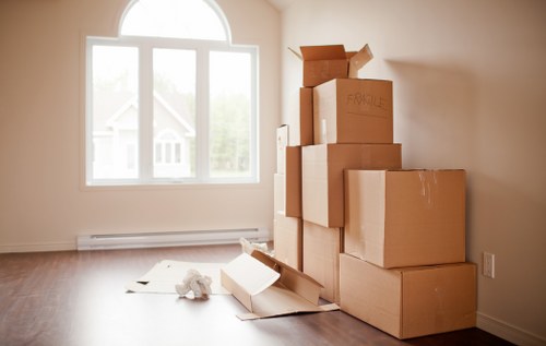 Packed business equipment ready for commercial removals in Clapham