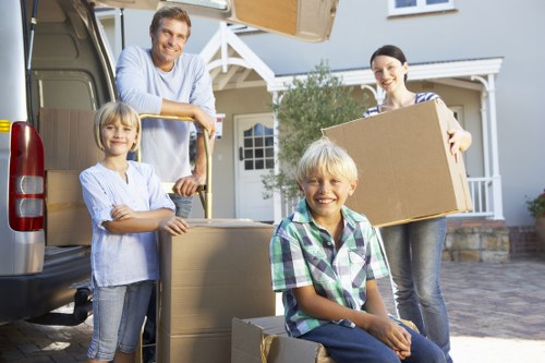 Packed boxes and furniture prepared for transport in Clapham